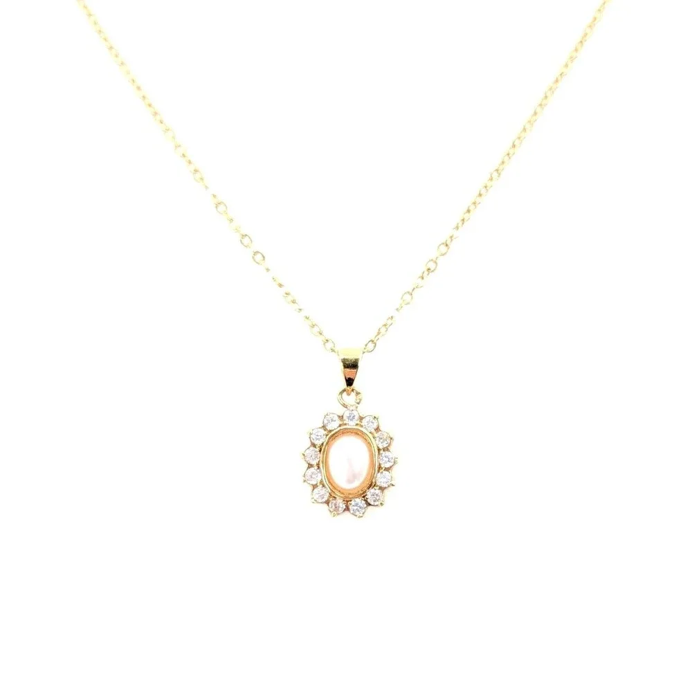 Rhinestone Faux Pearl Victorian Style Glam Dainty Gold Tone Pendant Necklace